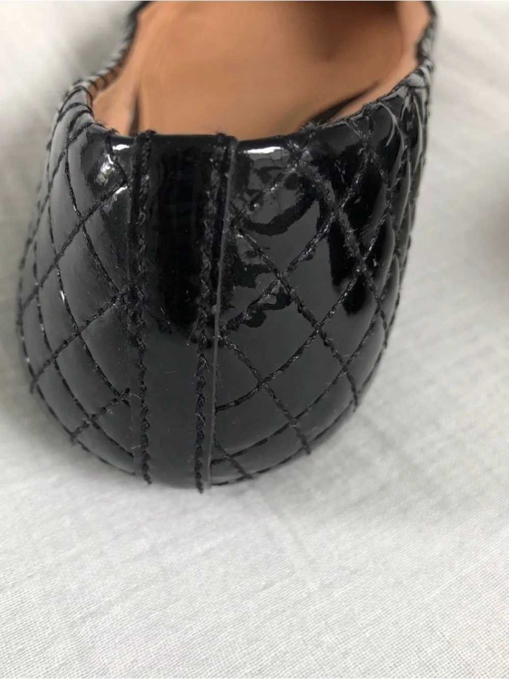 Tory Burch Black Quilted Patent Ballet Flats with Gold Logo